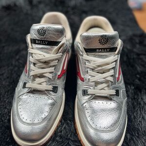 Bally Metallic Silver Sneakers with Red Detail